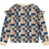 Floral Checks Print Dropped Shoulders Ruffle Long Sleeve Sweatshirt, Dark Denim - Sweatshirts - 2