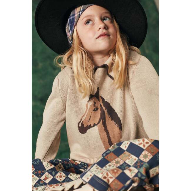 Girls Horses Knit Peter Pan Collar Gathered Sleeve Ribbed Hem Sweater, Sandshell - Sweaters - 2