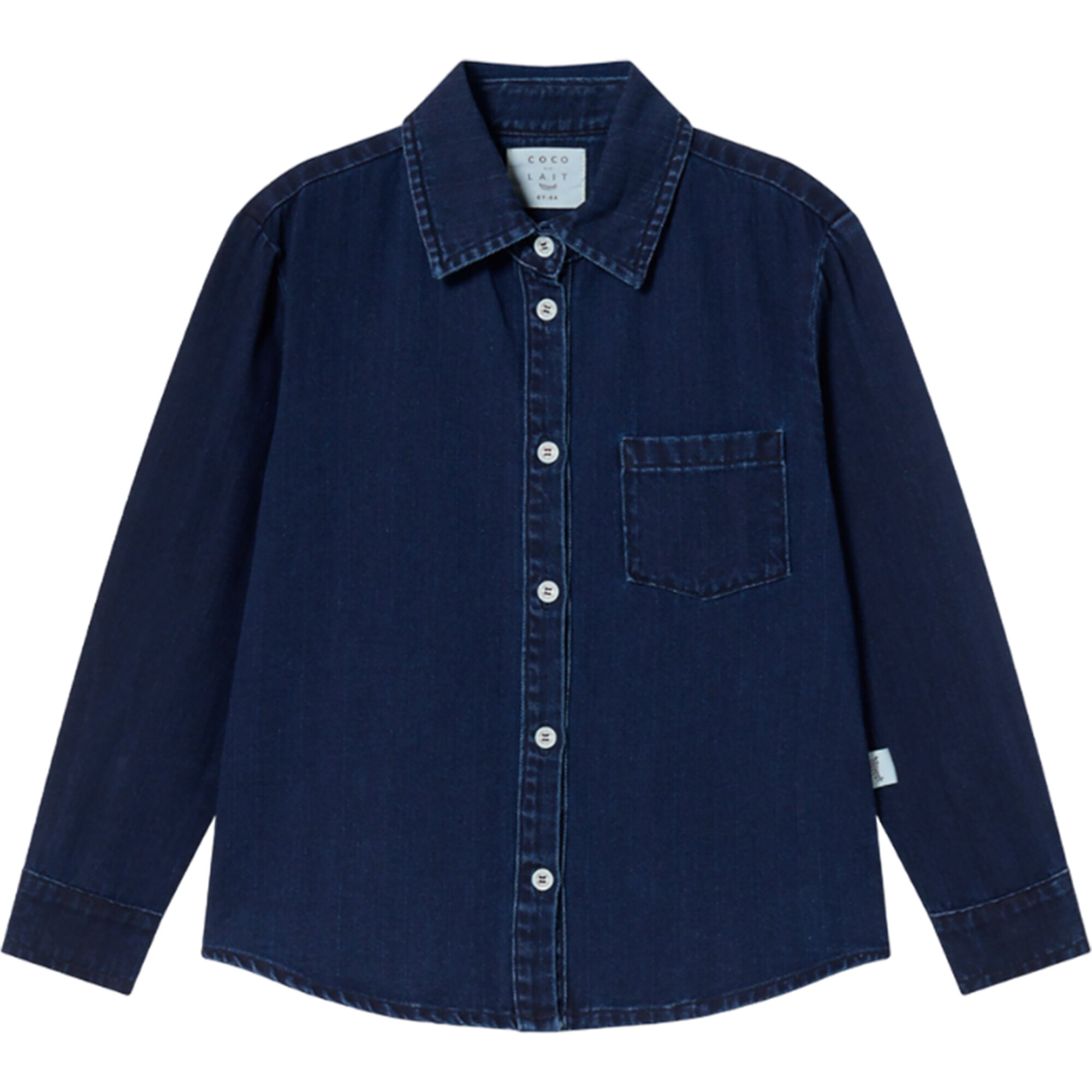 Denim Long Sleeve Curved Hem Relaxed Fit Shirt, Dark Denim - Polo Shirts - 1