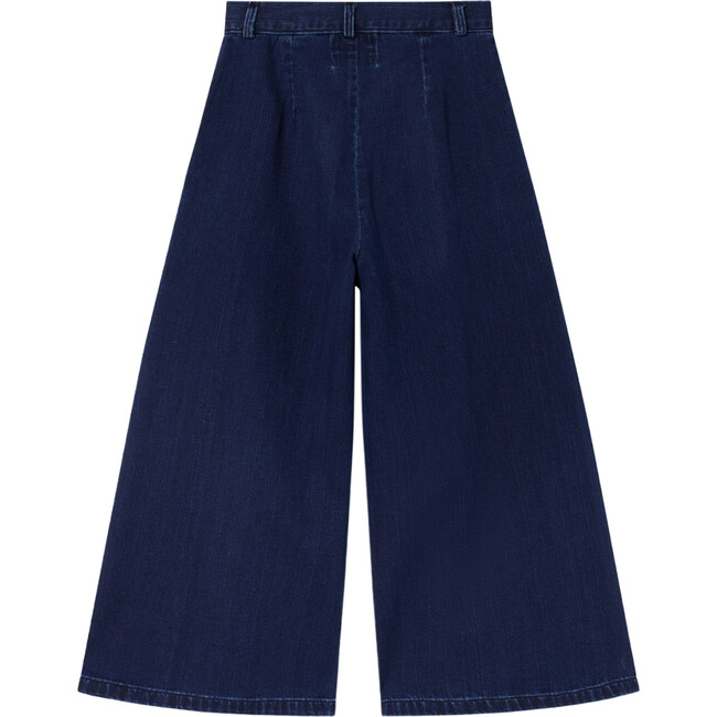 Denim Semi-Pleated Waist Wide Leg Trousers, Dark Denim - Pants - 2