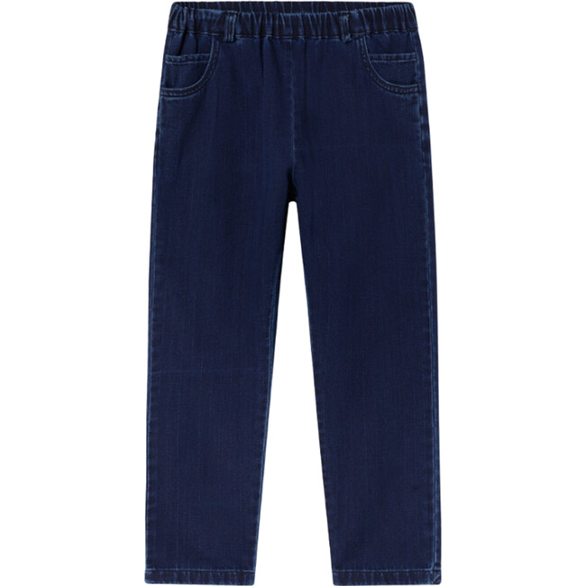 Cotton Denim Elastic Waistband Straight Leg Trousers, Dark Denim