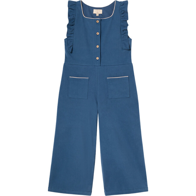 Cotton Velvet Ruffles Shoulder Sleeveless Jumpsuit, Dark Denim - Jumpsuits - 2