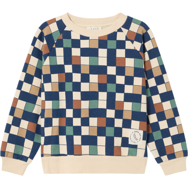 Checks Print Raglan Long Sleeve Ribbed Hems Sweatshirt, Dark Denim