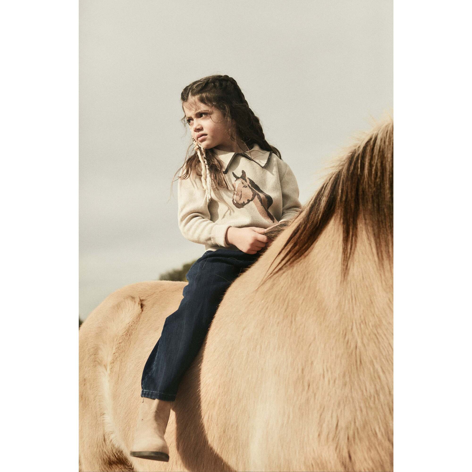 Girls Horses Knit Peter Pan Collar Gathered Sleeve Ribbed