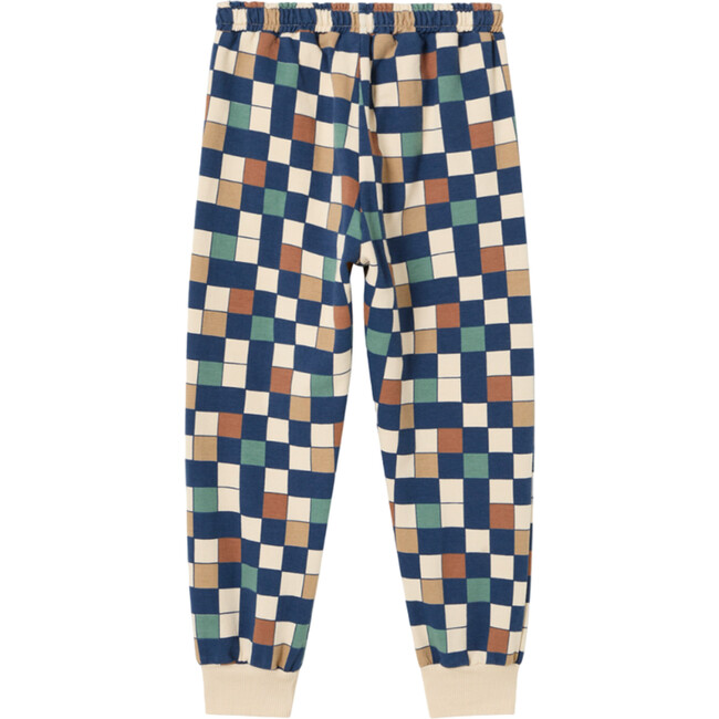 Checks Print Elastic Waistband Lateral Pockets Ribbed Hems Pants, Dark Denim - Sweatpants - 2