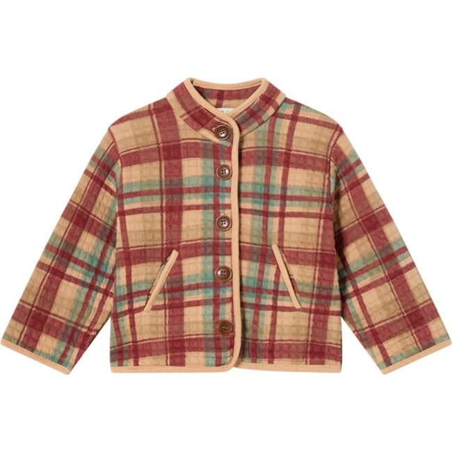 Baby Plaid Long Sleeve Side Pockets Wooden Button Jacket, Chili Oil