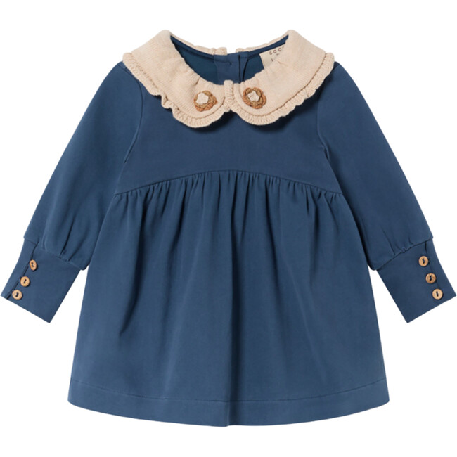 Baby Crochet Peter Pan Collar Floral Long Cuff Sleeve Dress, Dark Denim