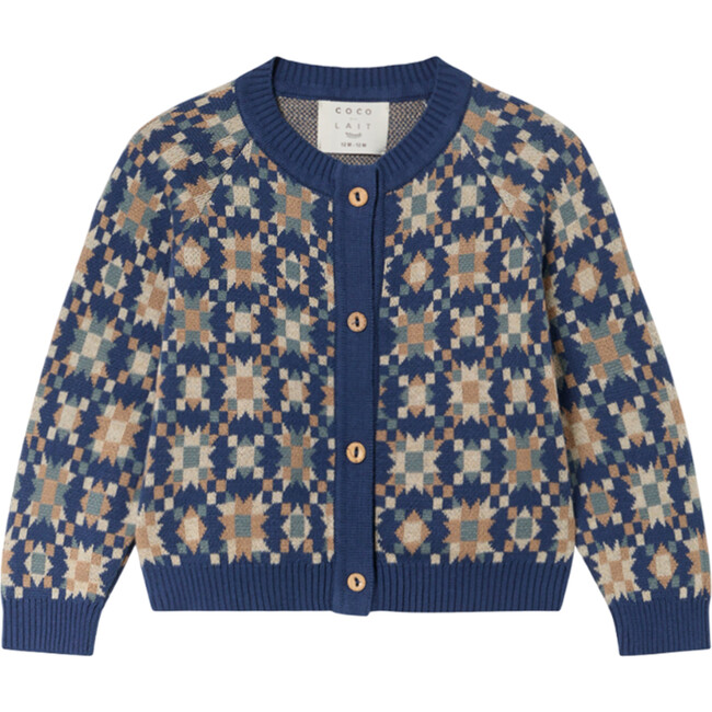 Baby Quilt Jacquard Knit Ribbed Hem Raglan Sleeve Wooden Button Cardigan, Navy - Cardigans - 1