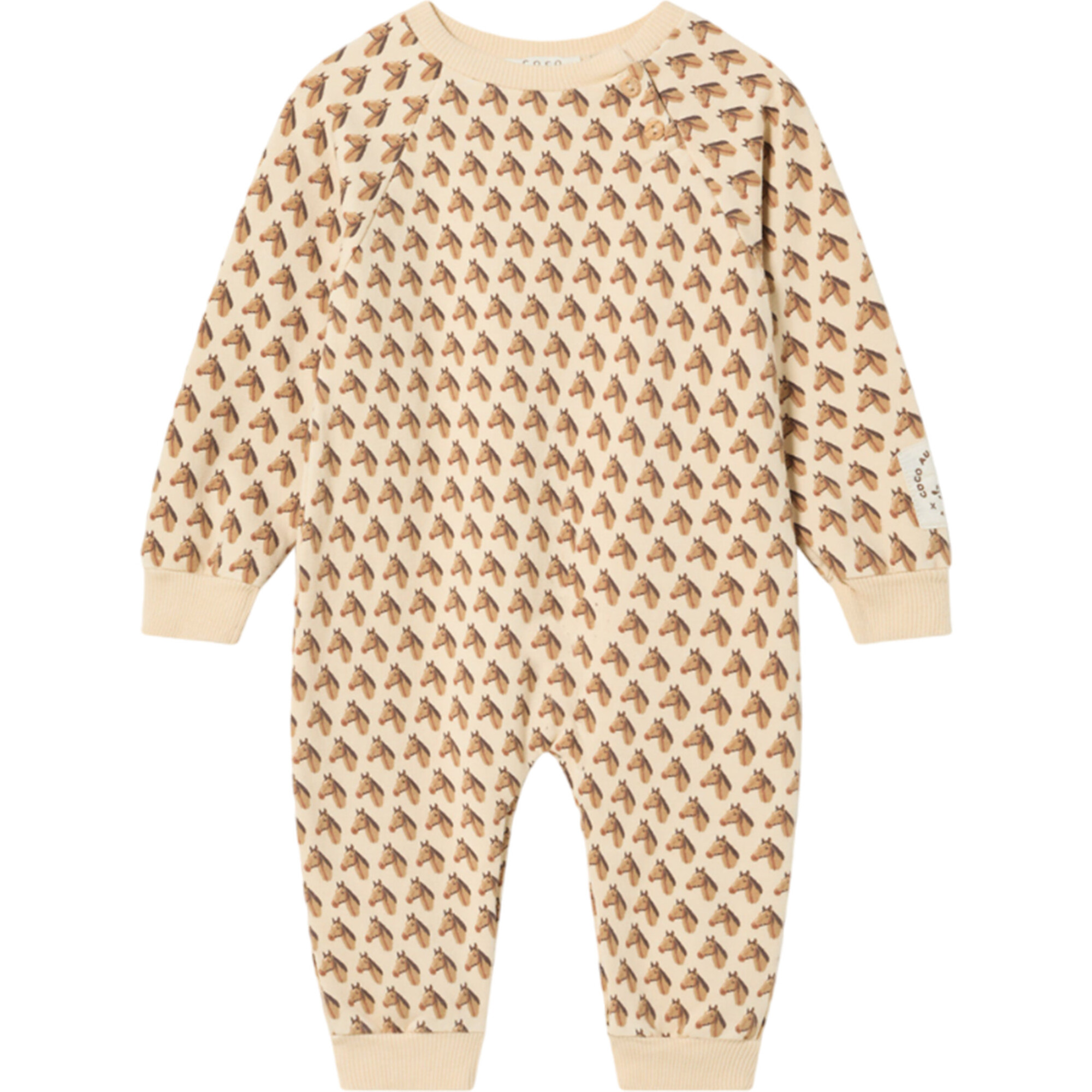 Baby Horses Print Raglan Sleeve Ribbed Hems Body Sweatshirt , Sandshell - Onesies - 1