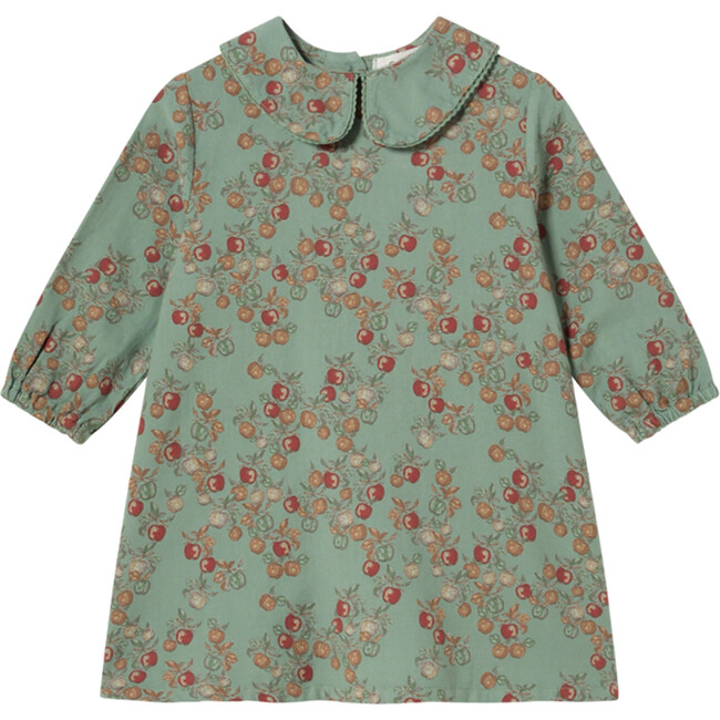 Baby Apples Print Peter Pan Collar Wide Long Sleeve Dress, Green Bay