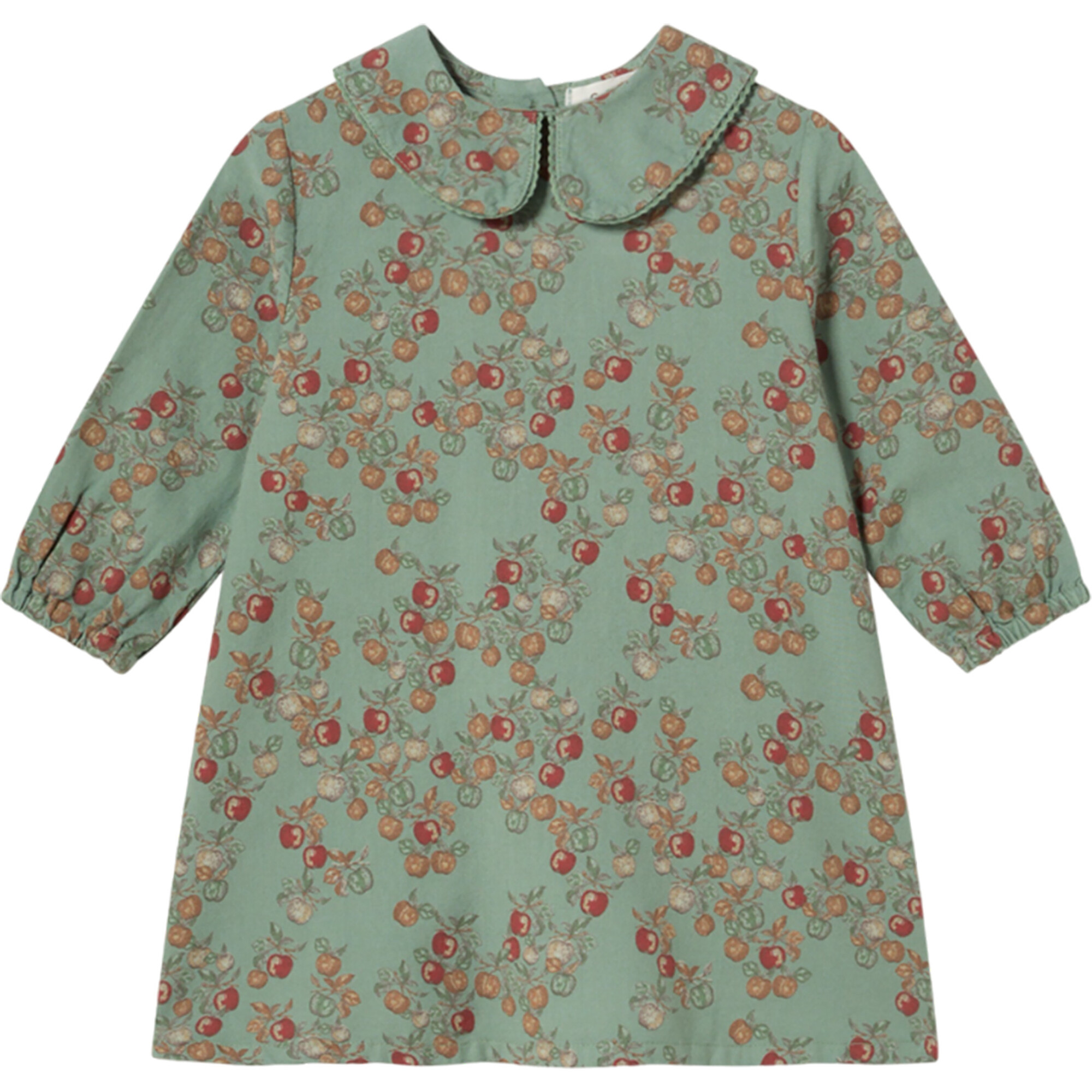 Baby Apples Print Peter Pan Collar Wide Long Sleeve Dress, Green Bay - Dresses - 1