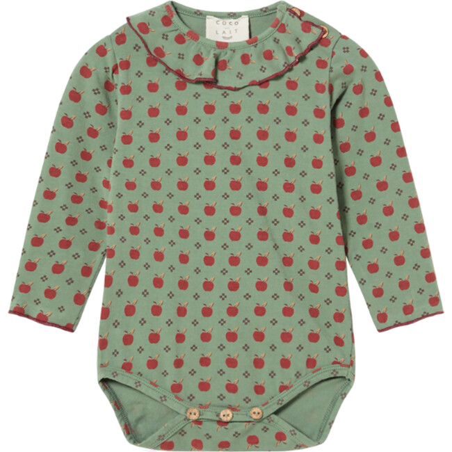 Baby Apples Print Ruffle Detail Neck Long Sleeve Bodysuite, Green Bay