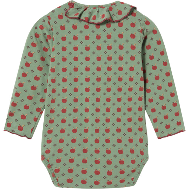 Baby Apples Print Ruffle Detail Neck Long Sleeve Bodysuite, Green Bay - Onesies - 2