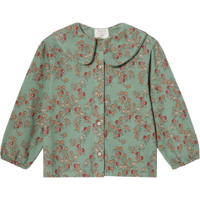 Apples Print Peter Pan Collar Wide Long Sleeve Blouse, Green Bay