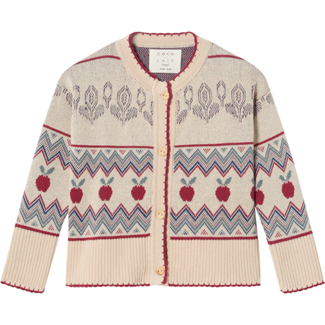 Baby Apples Knit Lace Stitches Borders Long Sleeve Cardigan, Sandshell