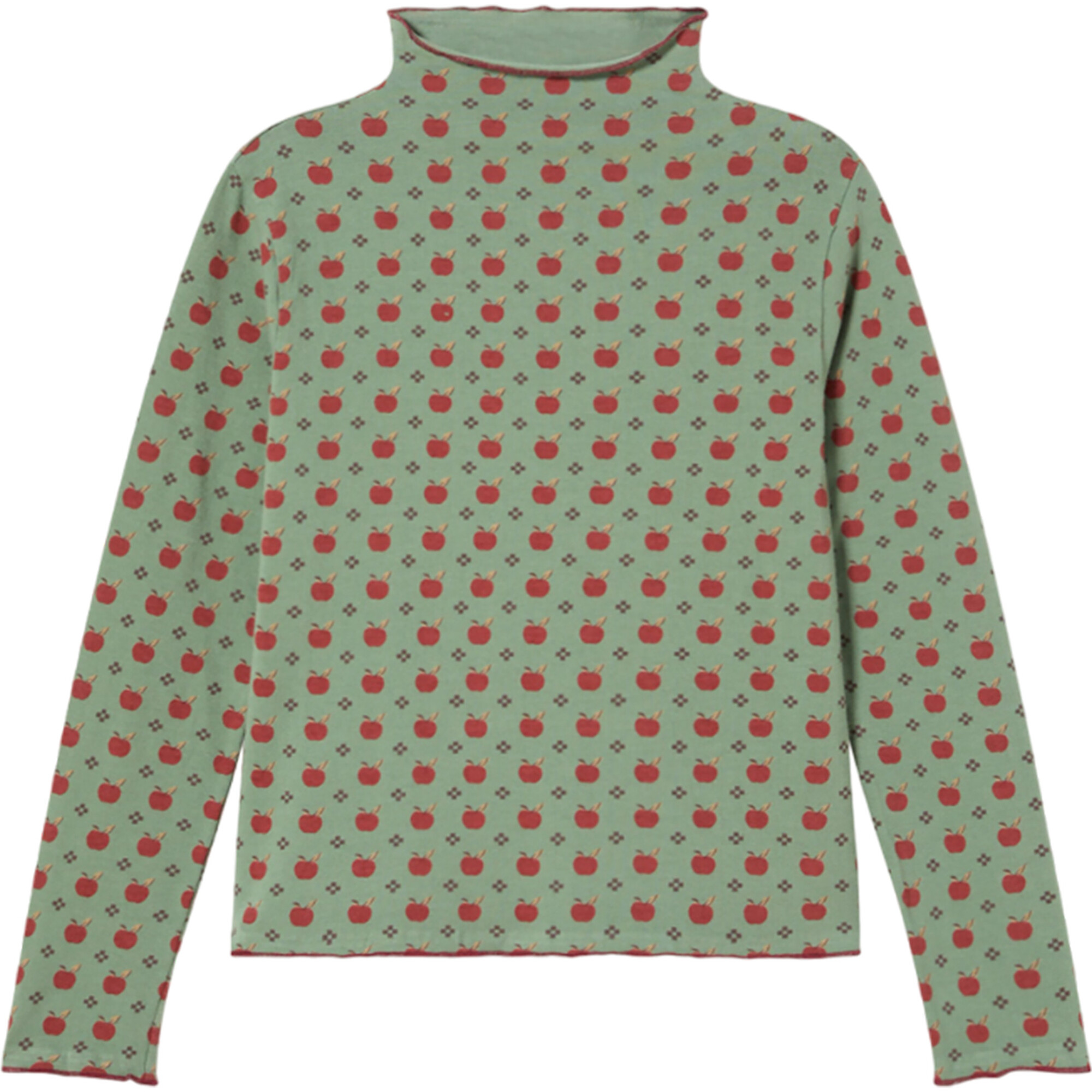 Apples Print Funnel Neck Long Sleeve T-Shirt, Green Bay - T-Shirts - 1