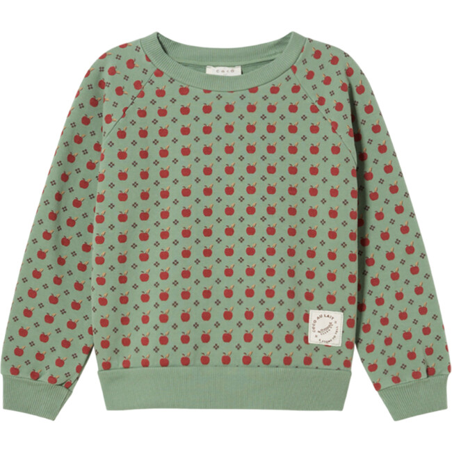 Apples Print Raglan Long Sleeve Ribbed Hems Sweatshirt, Green Bay