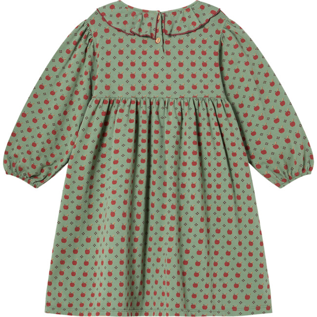 Apples Print Ruffle Detail Neckl Long Sleeve Jersey Dress, Green Bay - Dresses - 2