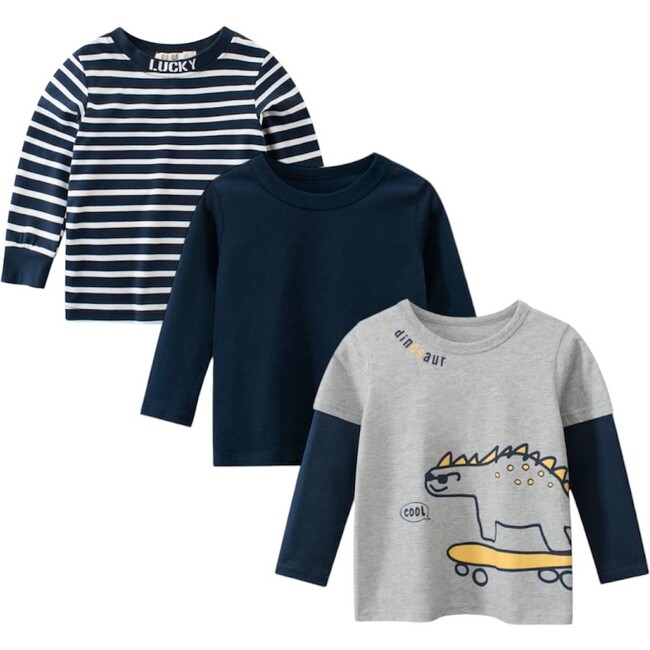 Long Sleeve Tees 3-Pack, Stripe/Navy/Dino