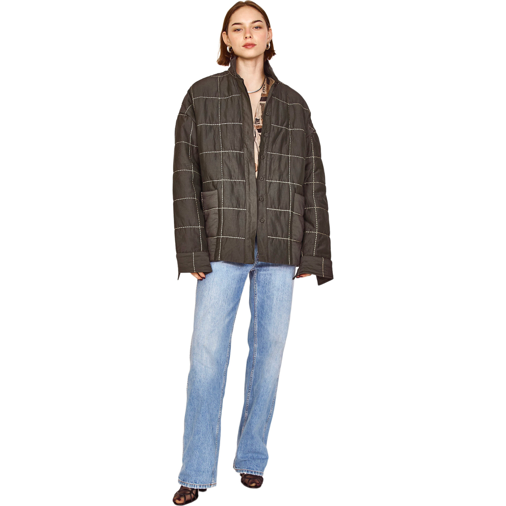 Women's Tahoe Hand Embroidered Oversized Quilted Jacket, Black Olive - Jackets - 1