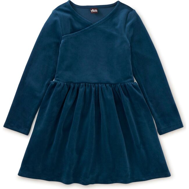 Velour Wrap Neck Dress, Bedford Blue