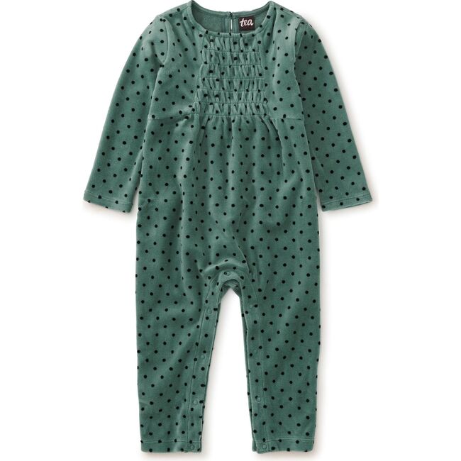 Smocked Baby Romper, Dot in Sagebrush