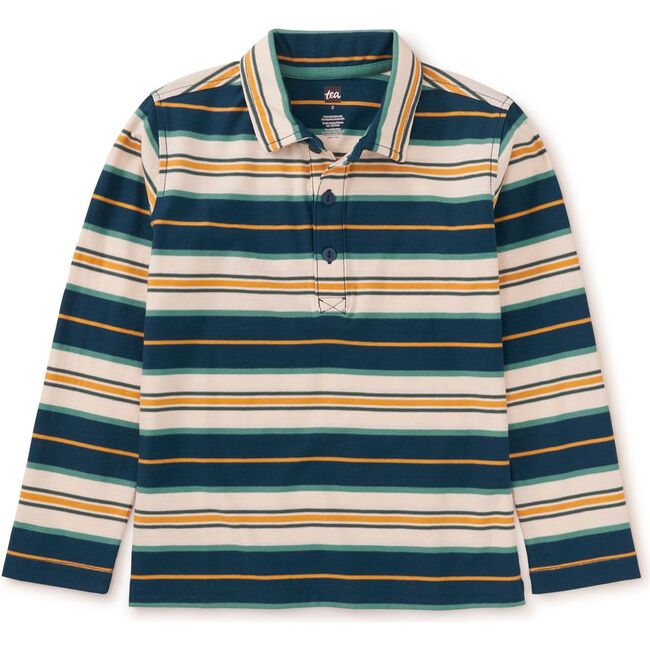 Long Sleeve Striped Polo, Bedford Blue