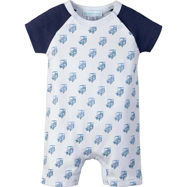 Sailor-Sleeve Short Romper, Golf Carts on Baby Blue 100% Pima Cotton