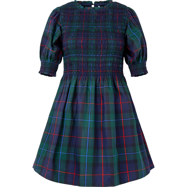 Women's Vivi Tartan High Neck Puff Sleeve Smocked Nap Dress, Midnight Navy