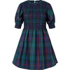 Women's Vivi Tartan High Neck Puff Sleeve Smocked Nap Dress, Midnight Navy - Dresses - 1 - thumbnail