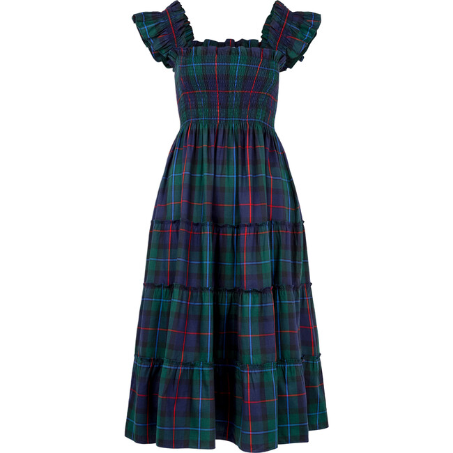 Women's Ellie Tartan Smocked Ruffle Shoulder Tiered Skirt Nap Dress, Midnight Navy