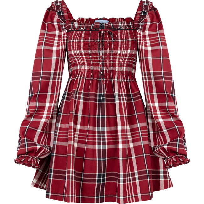 Women's Scarlett Tartan Long Sleeve Mini Nap Dress, Crimson - Dresses - 1