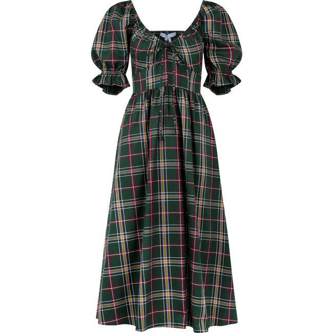 Women's Ophelia Tartan Ruffle Long Sleeve Drawstring Tie A-Line Dress, Juniper