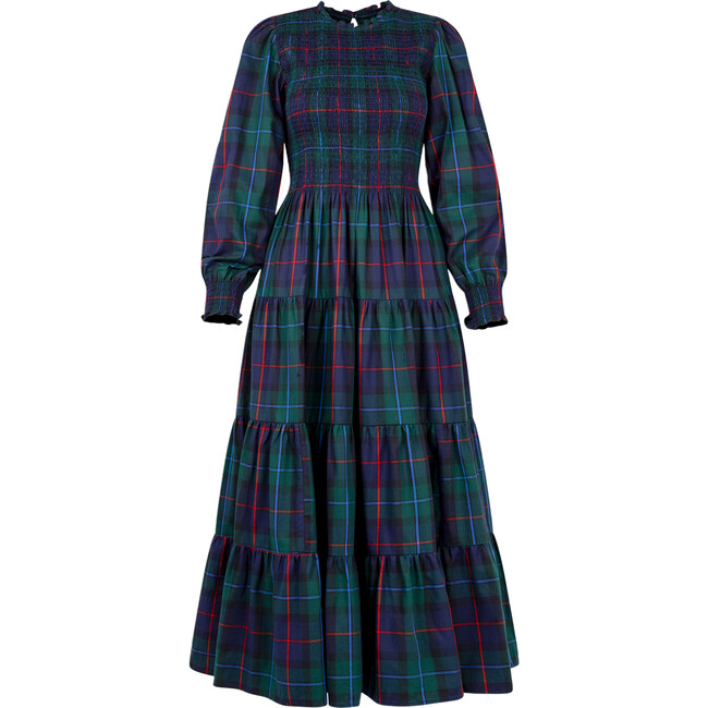 Women's Viviana Tartan High Neck Long Sleeve Tiered Nap Dress, Midnight Navy