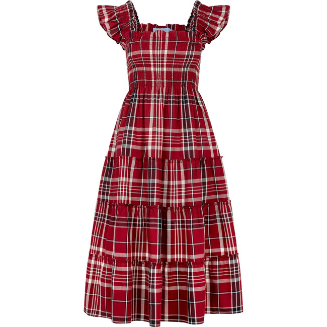 Women's Ellie Tartan Smocked Ruffle Shoulder Tiered Skirt Nap Dress, Crimson