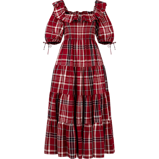 Women's Corinne Tartan Square Neck Midi Sleeve Tiered Skirt Nap Dress, Crimson