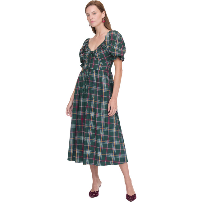 Women's Ophelia Tartan Ruffle Long Sleeve Drawstring Tie A-Line Dress, Juniper - Dresses - 2