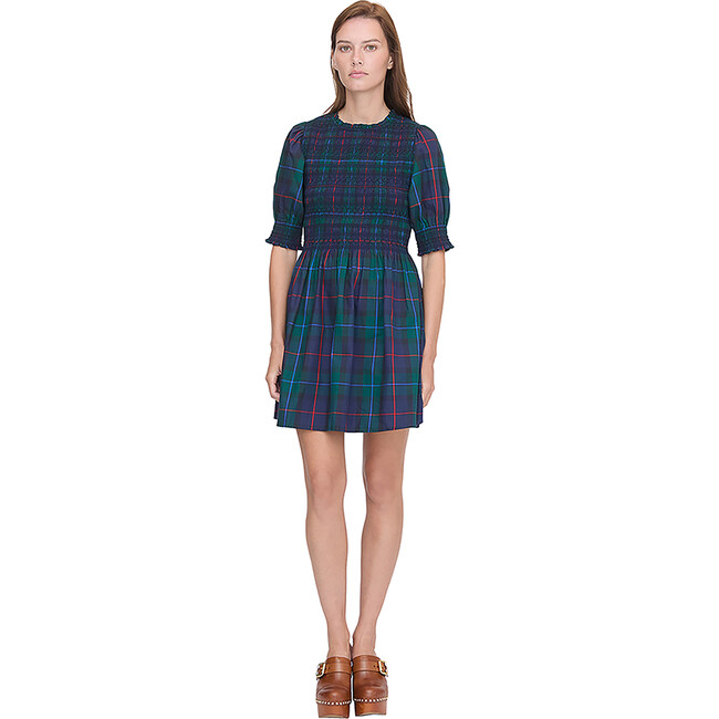 Women's Vivi Tartan High Neck Puff Sleeve Smocked Nap Dress, Midnight Navy - Dresses - 4