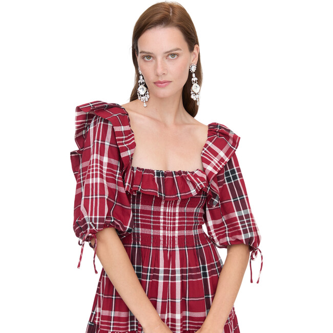 Women's Corinne Tartan Square Neck Midi Sleeve Tiered Skirt Nap Dress, Crimson - Dresses - 2