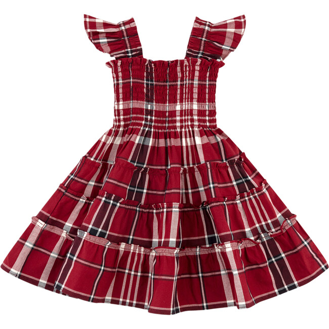 Girls Ellie Tartan Smocked Ruffle Shoulder A-Line Skirt Nap Dress, Crimson