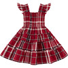 Girls Ellie Tartan Smocked Ruffle Shoulder A-Line Skirt Nap Dress, Crimson - Dresses - 1 - thumbnail