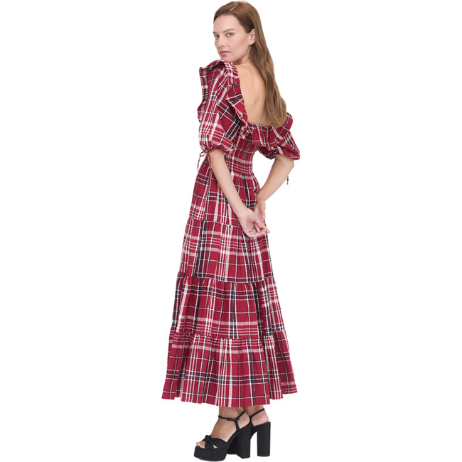 Women's Corinne Tartan Square Neck Midi Sleeve Tiered Skirt Nap Dress, Crimson - Dresses - 3