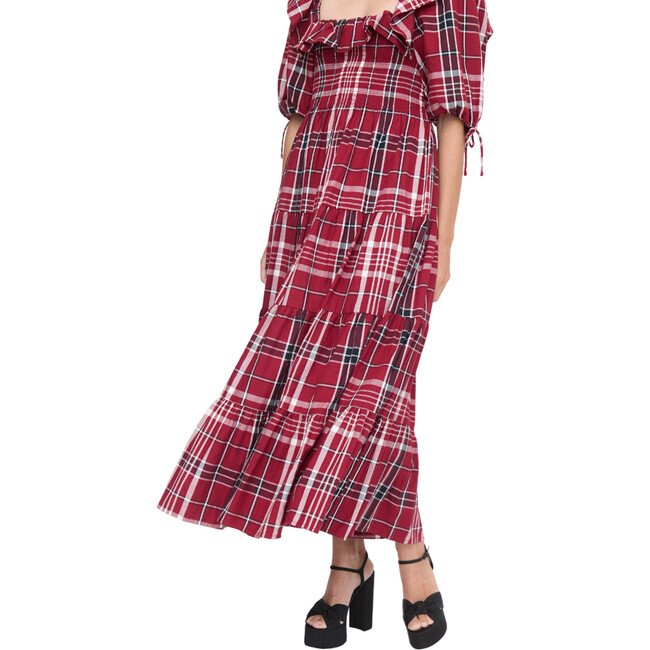 Women's Corinne Tartan Square Neck Midi Sleeve Tiered Skirt Nap Dress, Crimson - Dresses - 4