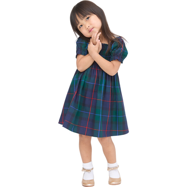 Girls Athena Tartan Smocked Ruffle Shoulder A-Line Nap Dress, Midnight Navy