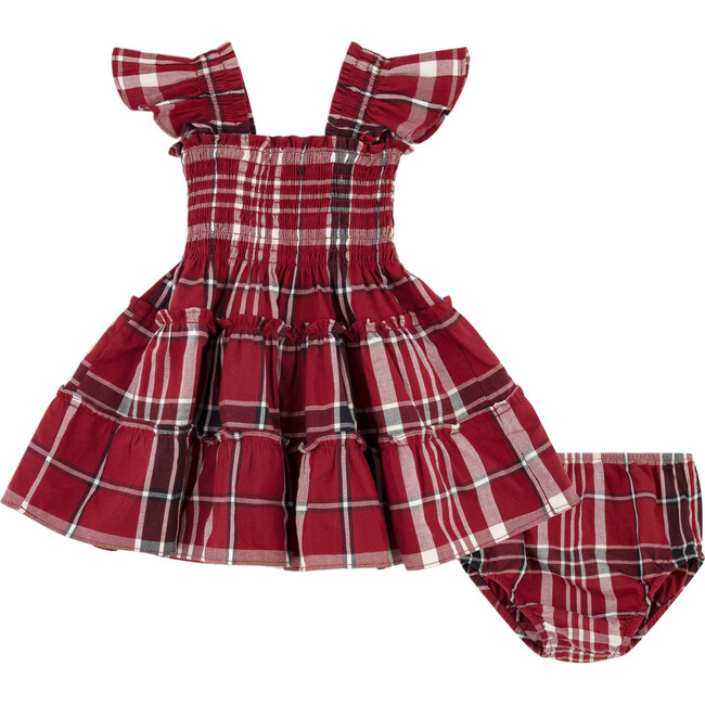 Baby Girls Ellie Tartan Smocked Ruffle Shoulder A-Line Skirt Nap Dress, Crimson - Dresses - 1