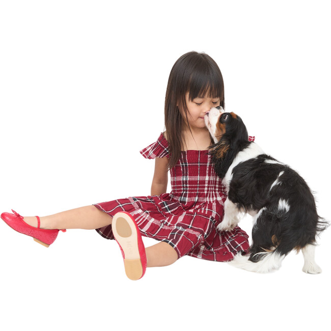 Girls Ellie Tartan Smocked Ruffle Shoulder A-Line Skirt Nap Dress, Crimson - Dresses - 5