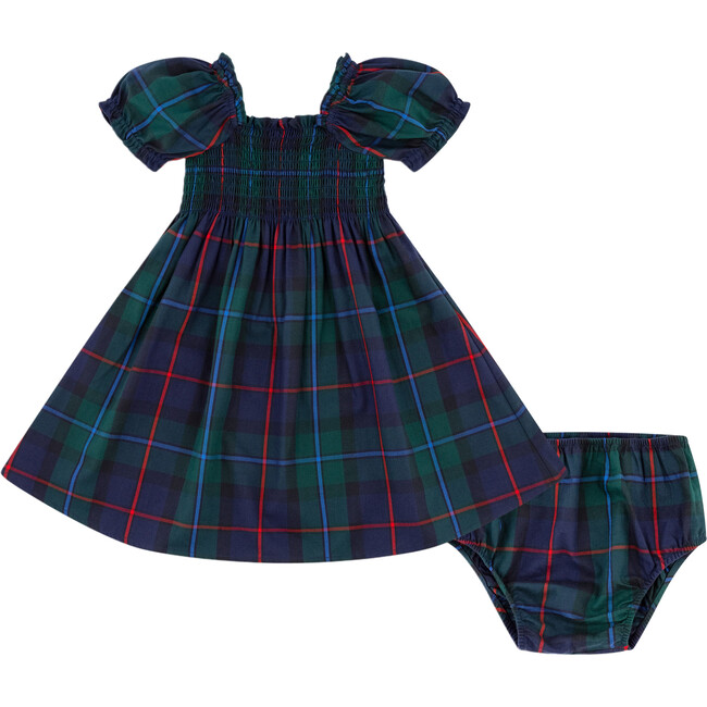 Baby Girls Athena Tartan Smocked Ruffle Shoulder A-Line Nap Dress, Midnight Navy