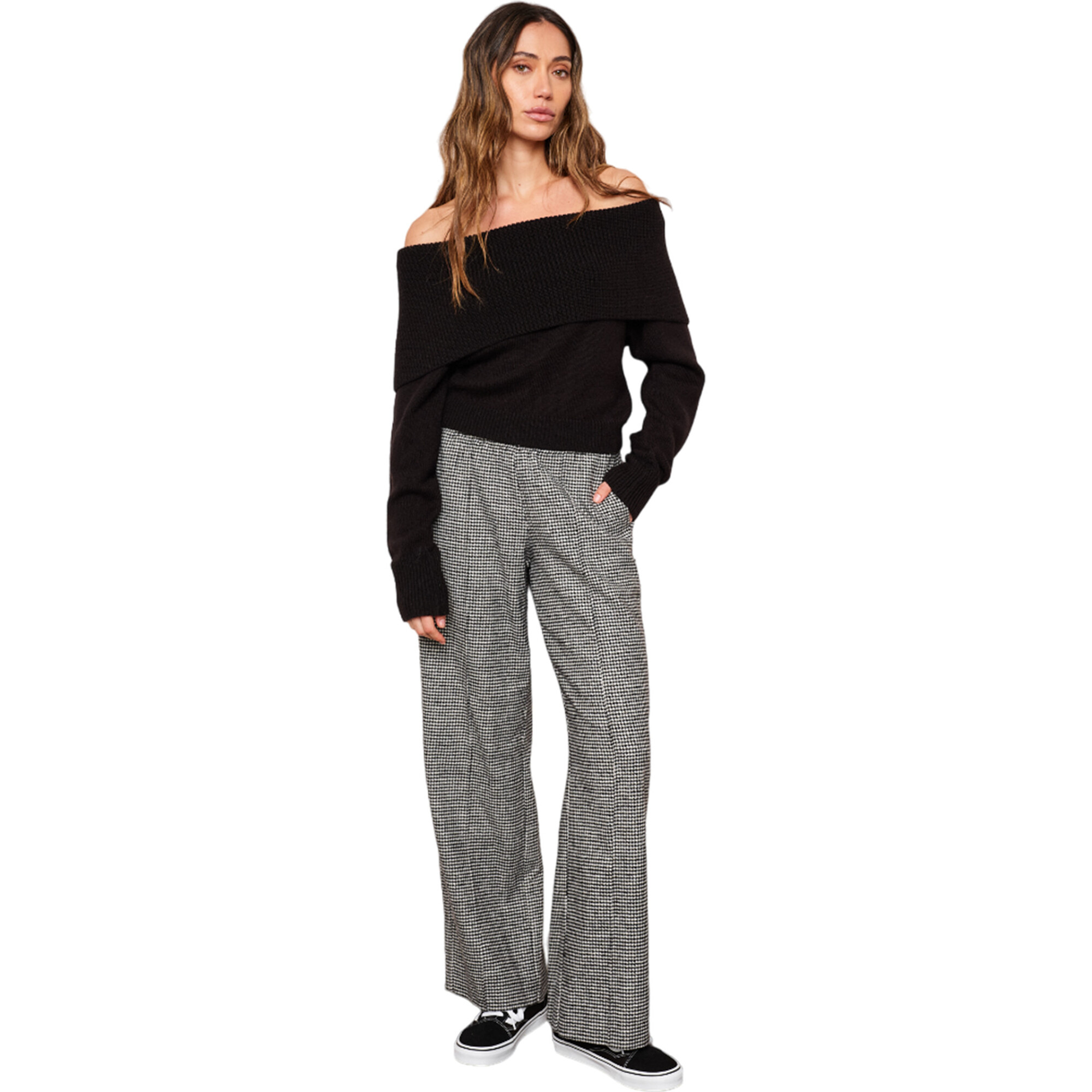 Women's Jin Herringbone Pattern Wide Leg Side Pocket Pant, Black & White - Pants - 1