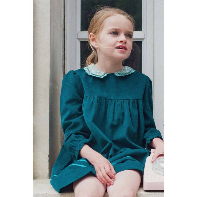 Manon Velvet Dress with Scalloped Liberty Collar, Green - Dresses - 2