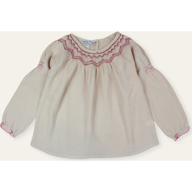 Alba Hand-Smocked Blouse in Organic Double Gauze, Beige - Blouses - 1